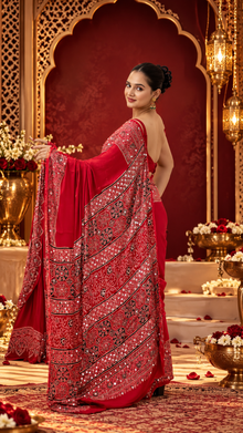 Gajji Silk Mirror Work Saree with Red Pallu