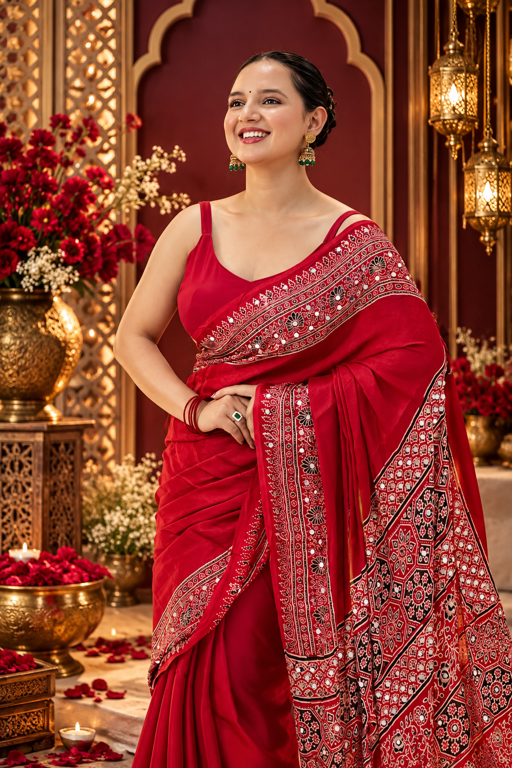 Gajji Silk Mirror Work Saree with Red Pallu