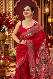 Gajji Silk Mirror Work Saree with Red Pallu