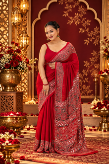Gajji Silk Mirror Work Saree with Red Pallu