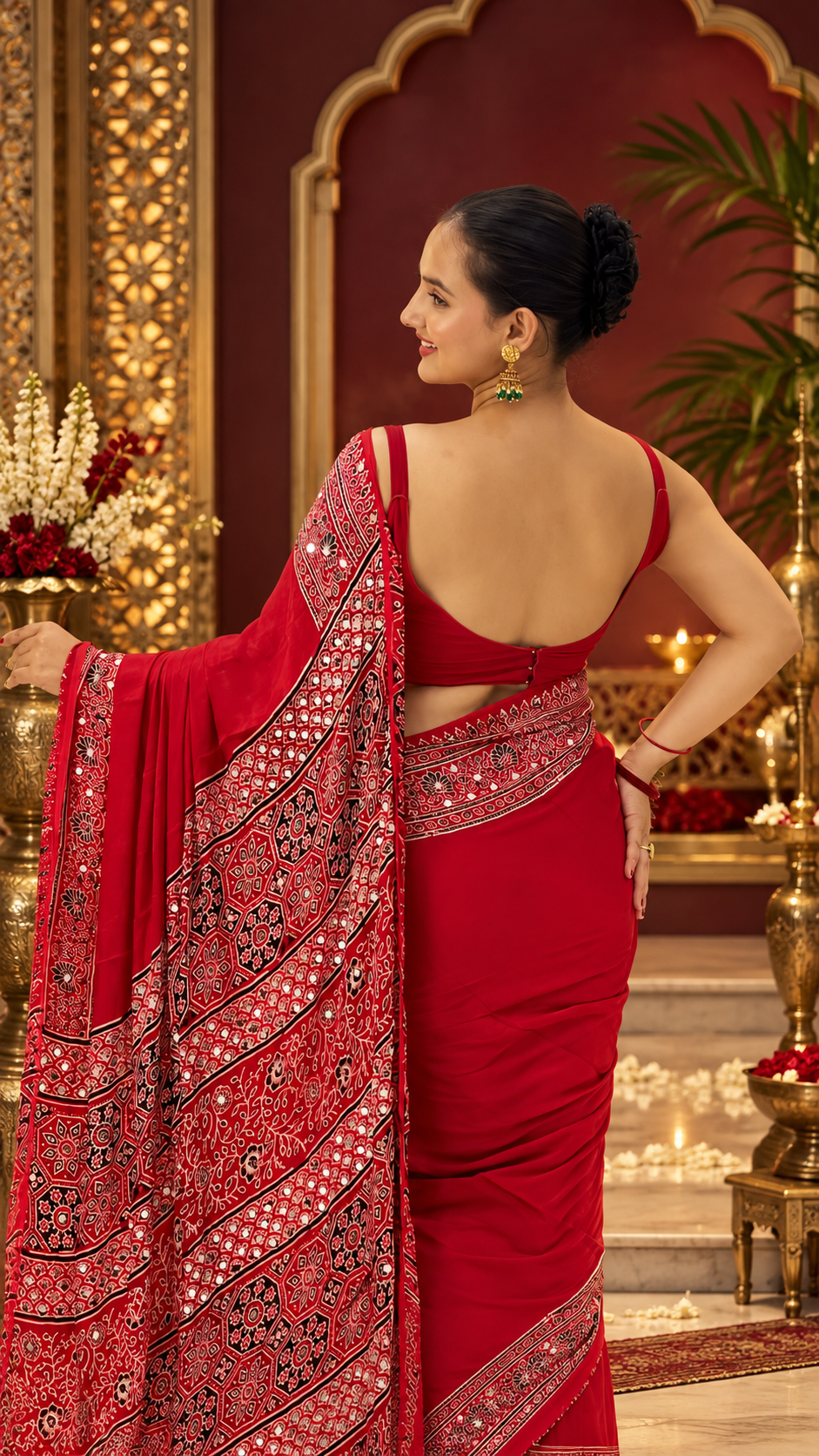 Gajji Silk Mirror Work Saree with Red Pallu