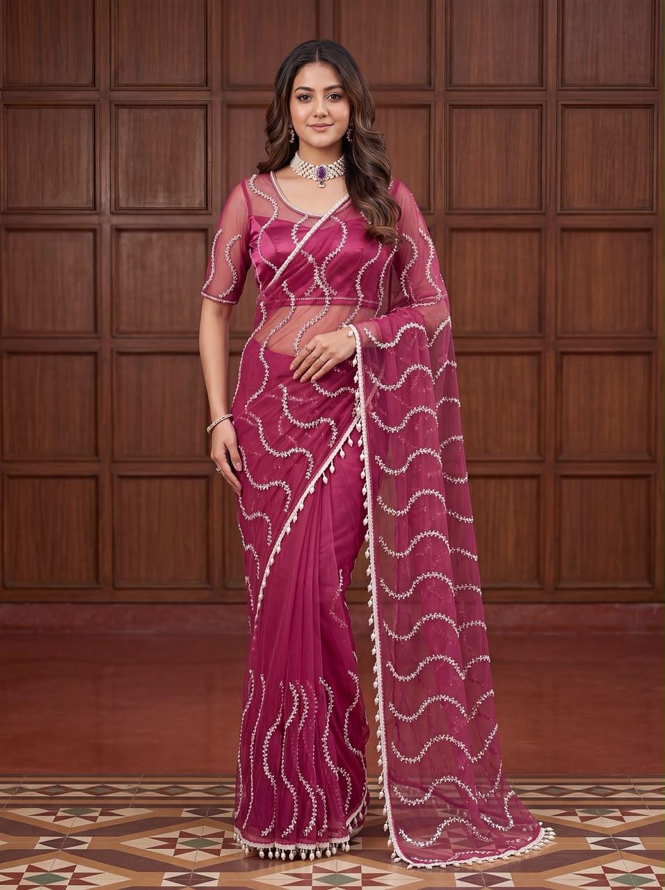 Maharani Bead & Pearl Net Saree