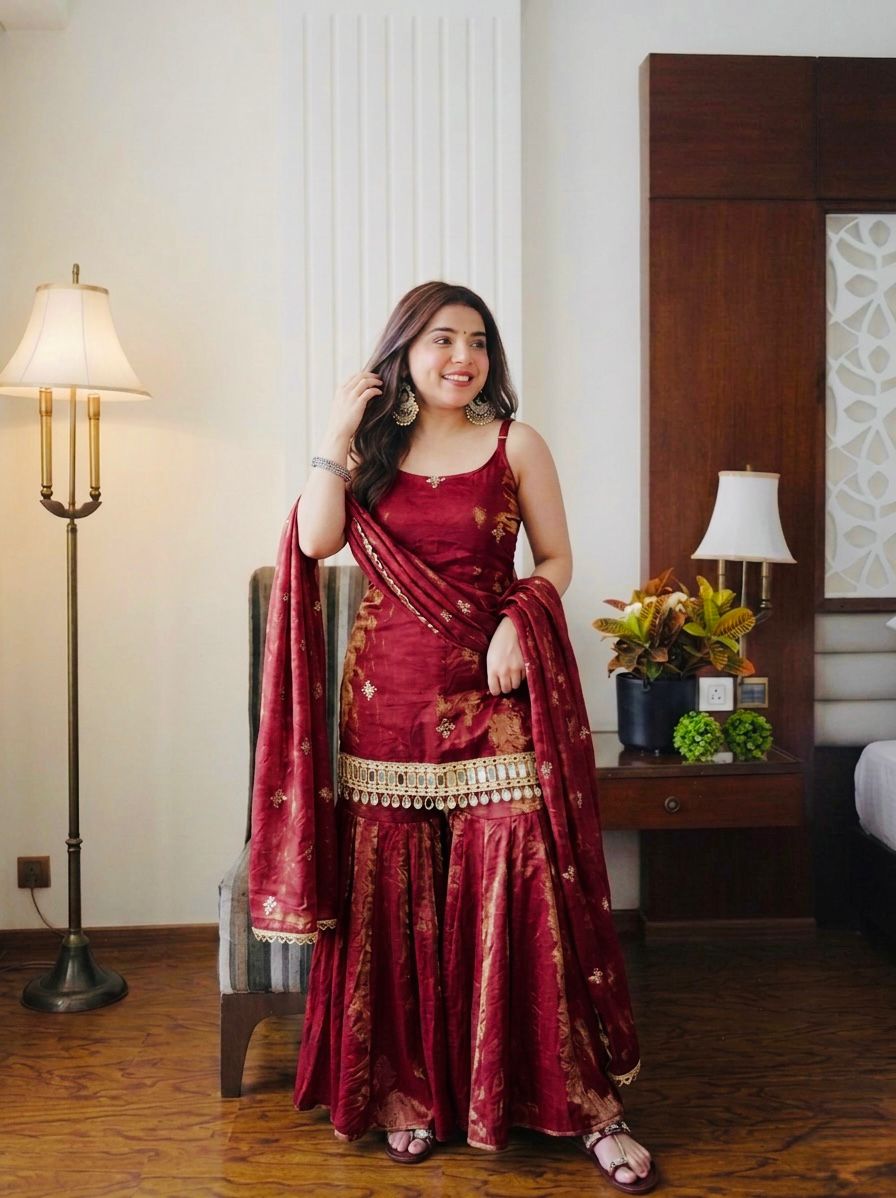 Fendy Silk Mirror Work Sharara Set