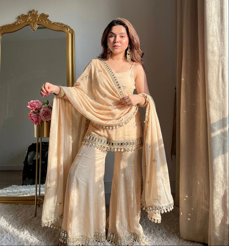 Fendy Silk Mirror Work Sharara Set