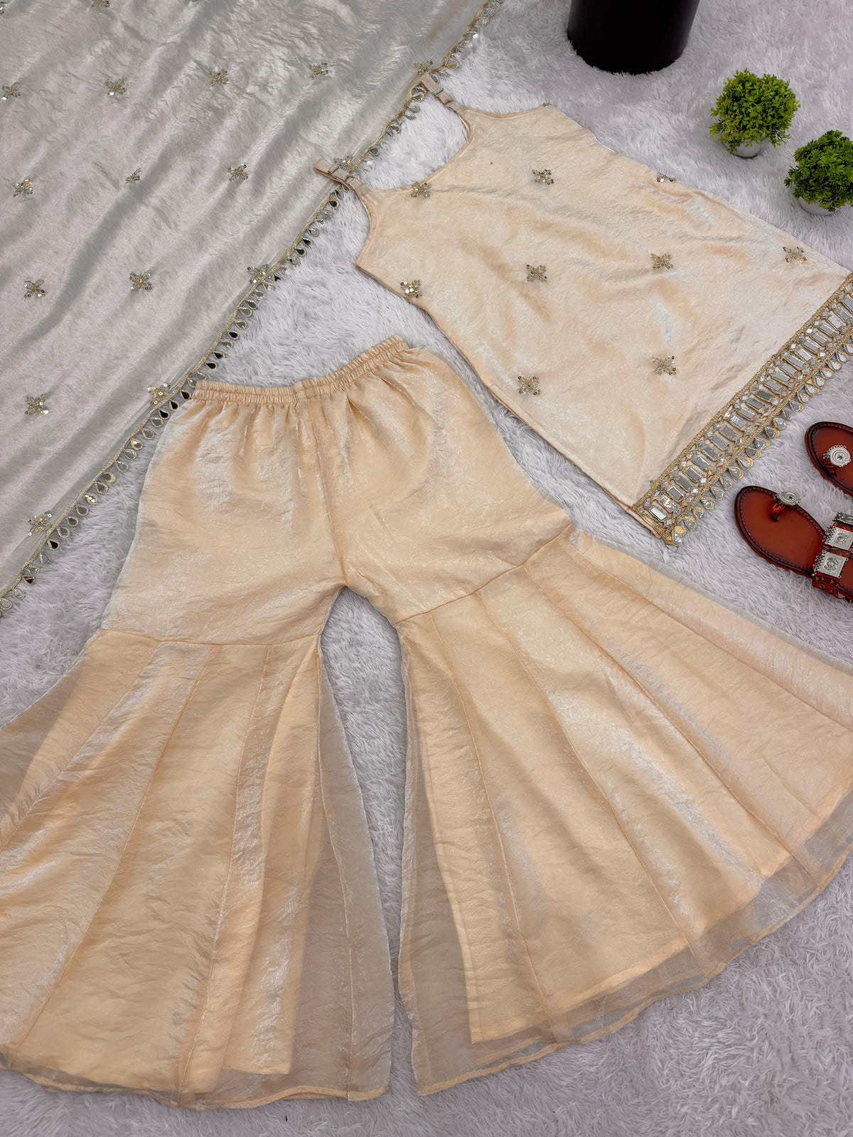 Fendy Silk Mirror Work Sharara Set