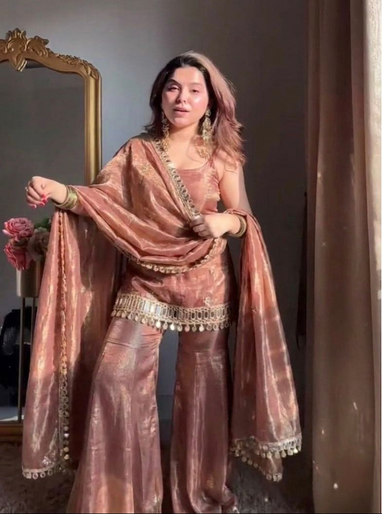 Fendy Silk Mirror Work Sharara Set