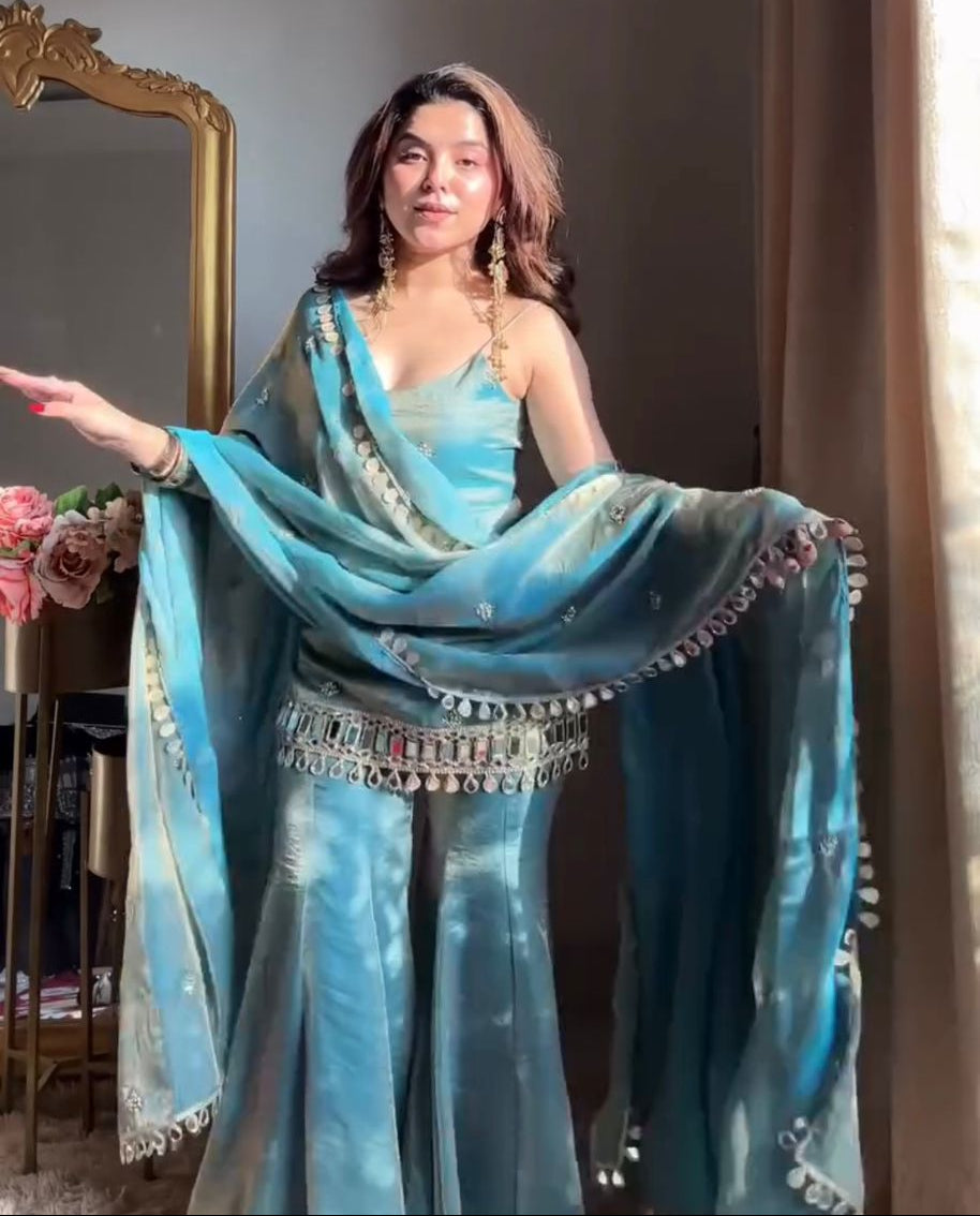 Fendy Silk Mirror Work Sharara Set