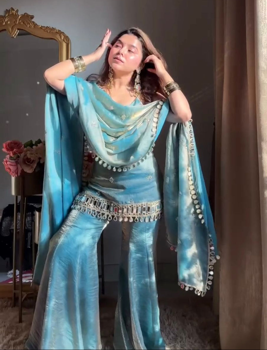 Fendy Silk Mirror Work Sharara Set