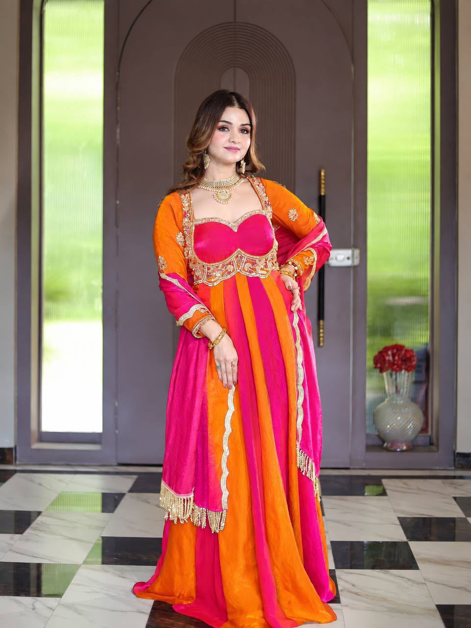 Fendy Silk Sequin Embroidered Gown with Dupatta