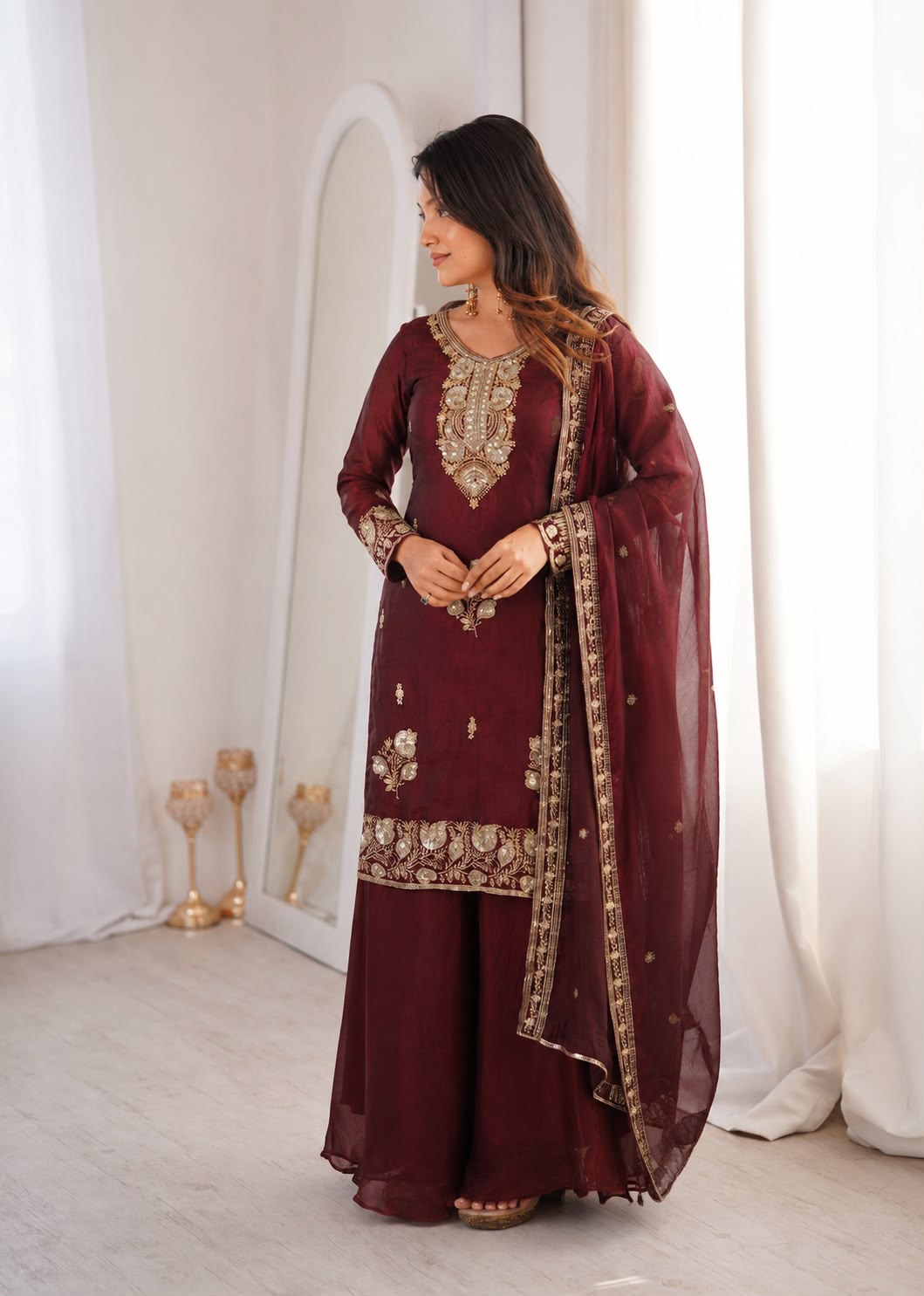 Fandy Silk Embroidered Top & Palazzo Set