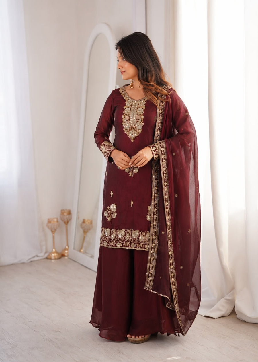Fandy Silk Embroidered Top & Palazzo Set