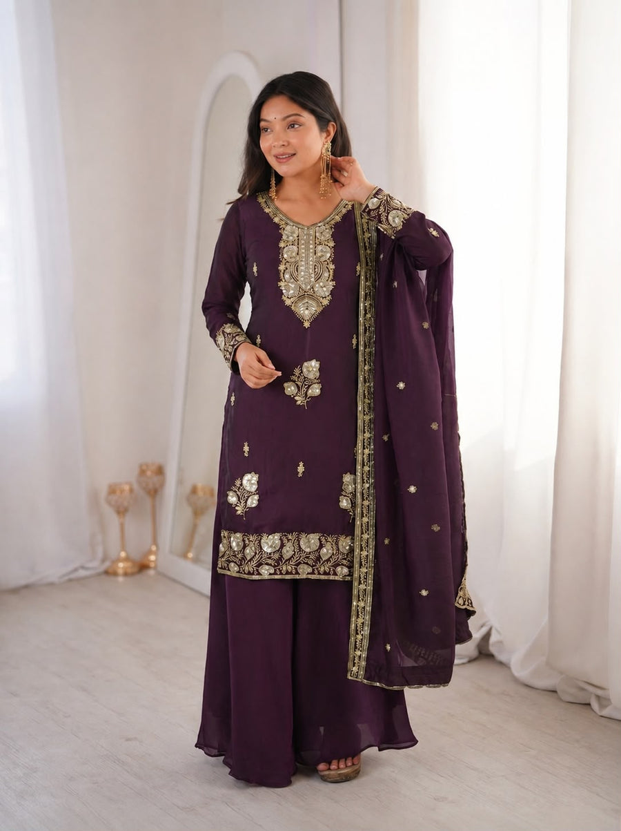 Fandy Silk Embroidered Top & Palazzo Set
