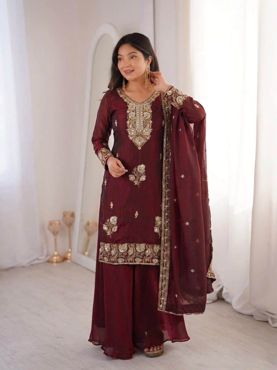 Fandy Silk Embroidered Top & Palazzo Set