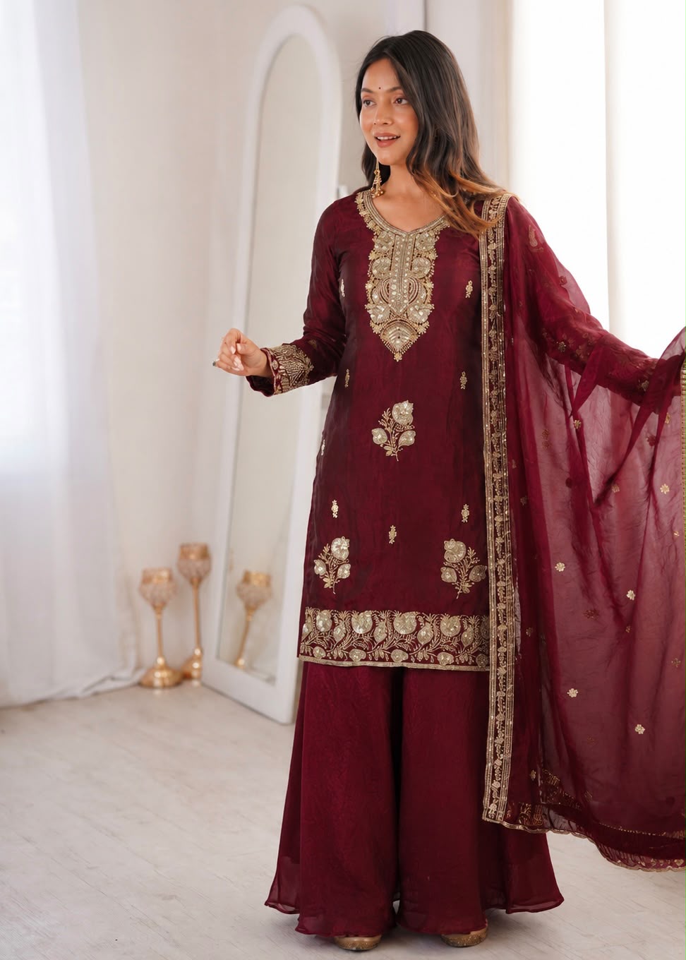 Fandy Silk Embroidered Top & Palazzo Set