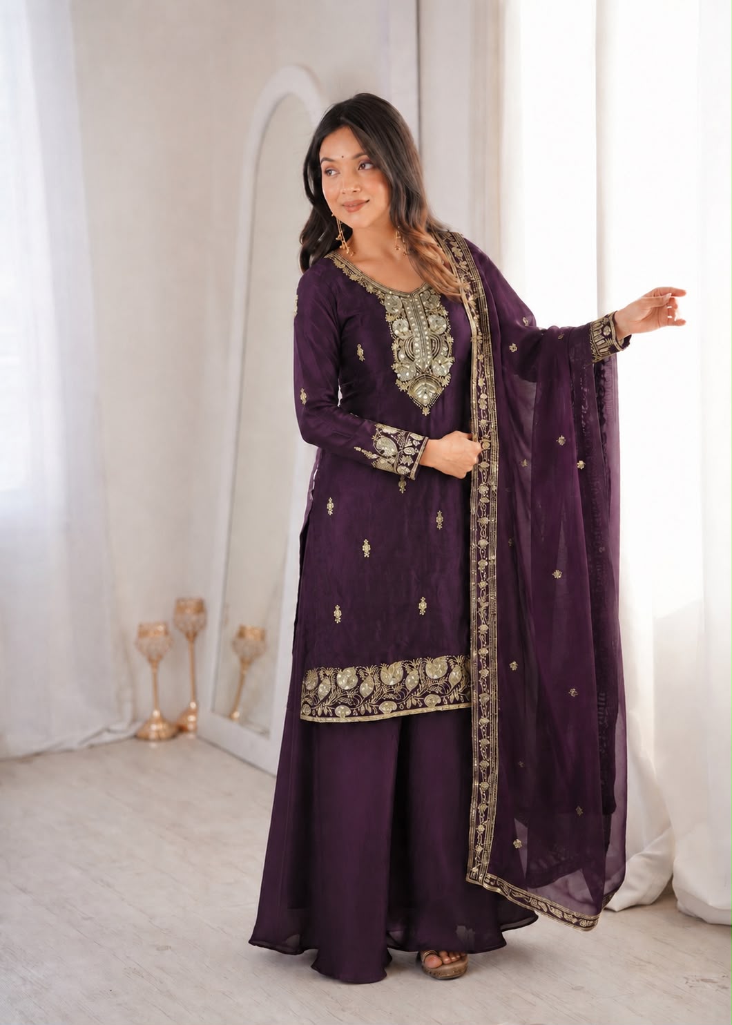 Fandy Silk Embroidered Top & Palazzo Set