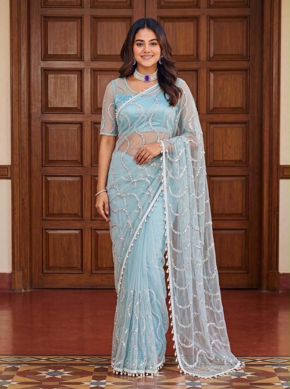 Maharani Bead & Pearl Net Saree