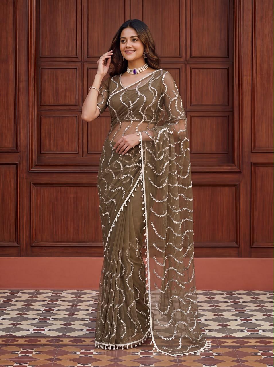 Maharani Bead & Pearl Net Saree
