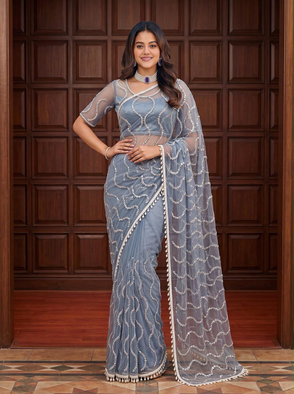 Maharani Bead & Pearl Net Saree