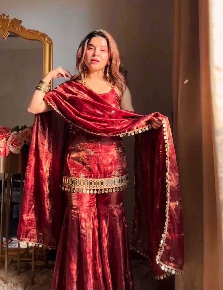 Fendy Silk Mirror Work Sharara Set