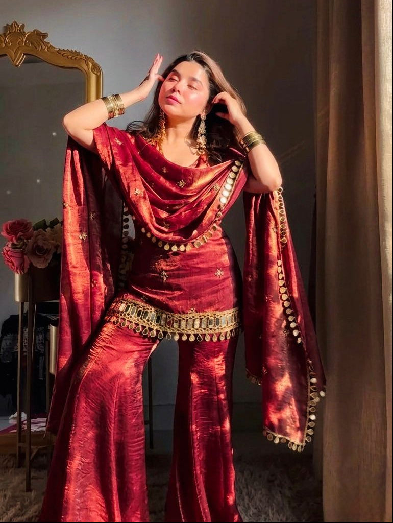 Fendy Silk Mirror Work Sharara Set
