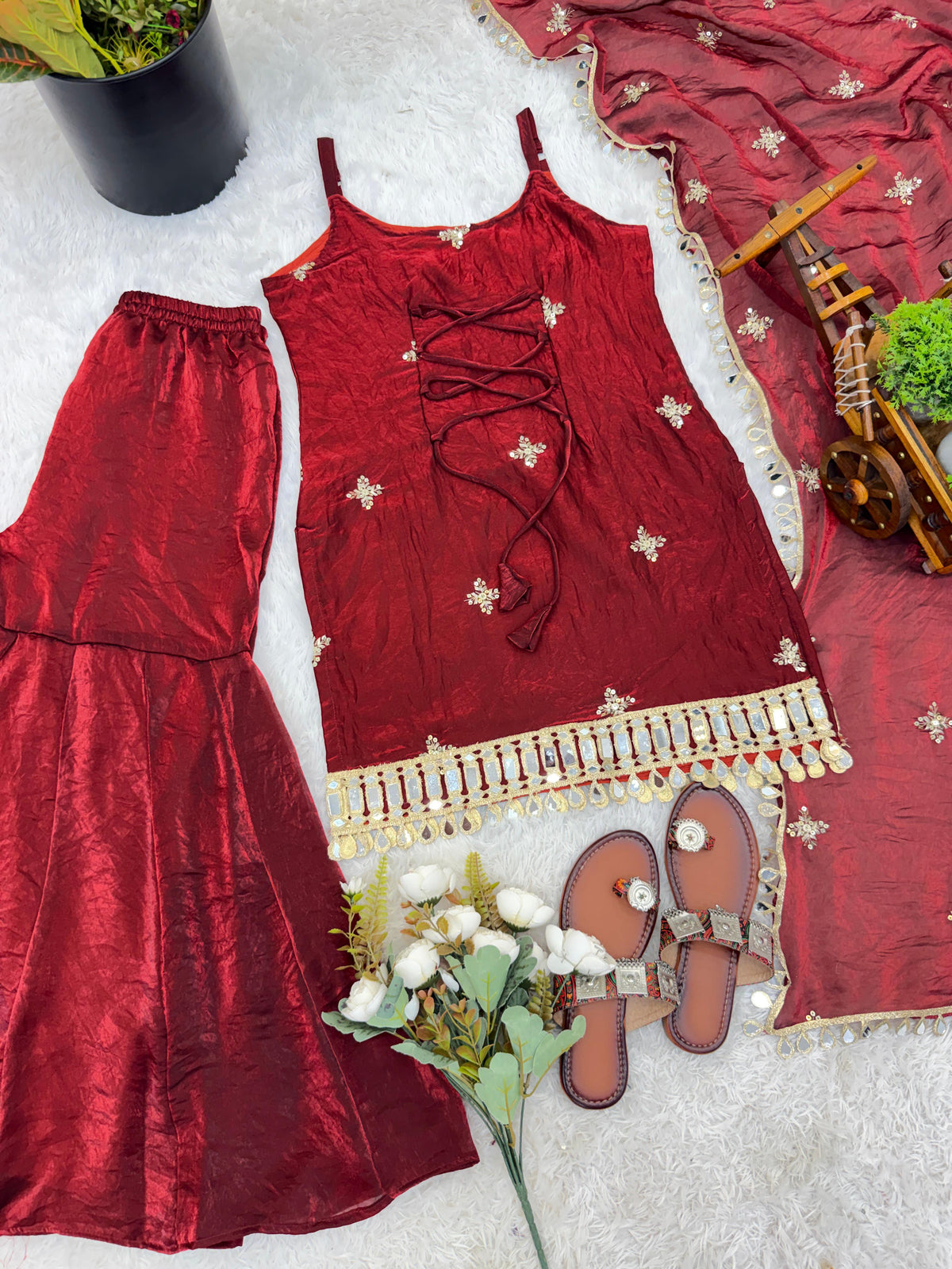 Fendy Silk Mirror Work Sharara Set