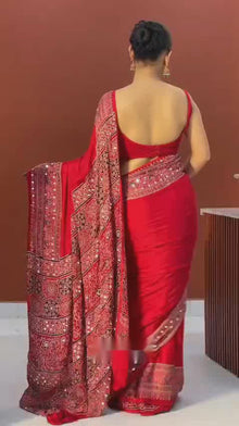 Gajji Silk Mirror Work Saree with Red Pallu